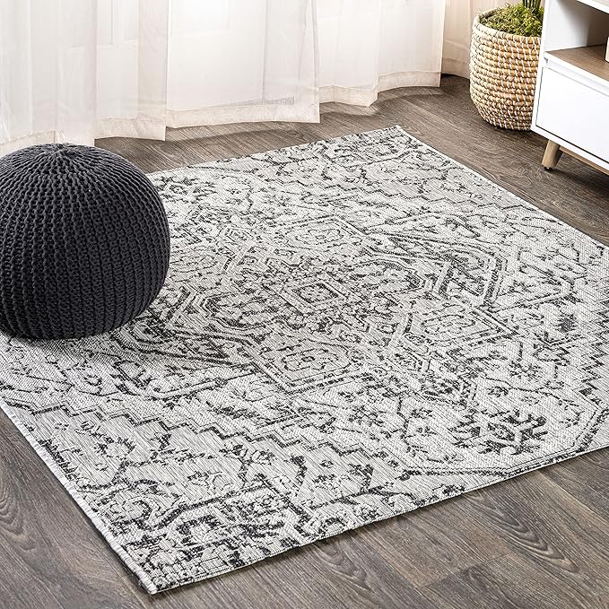 JONATHAN Y Boho Medallion Indoor Outdoor Square Area Rug 3X3 Black/Gray, Estrella Textured Weave for Backyard, Patio, Porch, Easy-Cleaning, High Traffic, Pet-Friendly, Non-Shedding (SMB105D-3SQ)