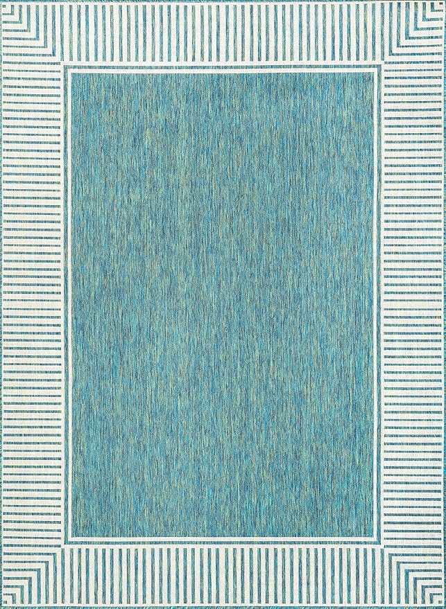 Nuloom Asha Teal/Ivory, 8' x 10', Casual, Striped Border, Soft and Cozy, High Traffic, Stain Resistant, Easy Clean, Durable Area Rug for Indoor/Outdoor Patio, Deck, Porch, Garden, Courtyard