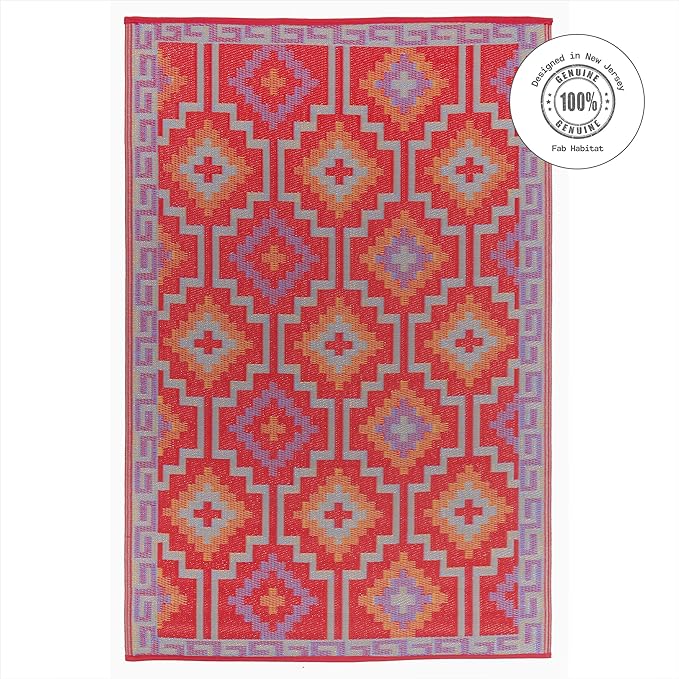 Fab Habitat Outdoor Rug - Waterproof, Fade Resistant, Crease-Free - Premium Recycled Plastic - Vintage Kilim - Porch, Deck, Balcony, Mudroom, Laundry Room, Patio - Lhasa - Orange & Violet - 3 x 5 ft