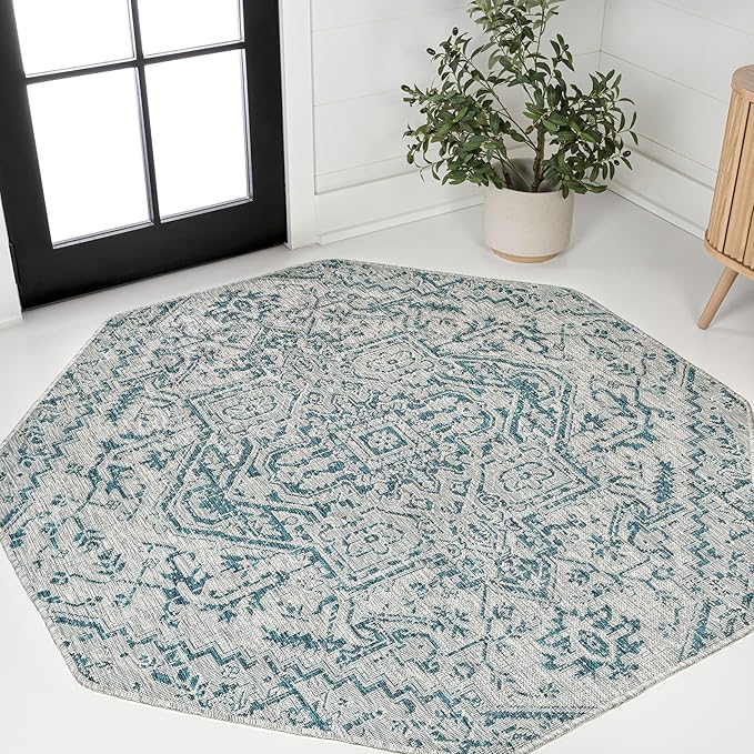 JONATHAN Y Boho Medallion Indoor Outdoor Octagon Area Rug 5 Ft Teal/Gray, Estrella Textured Weave for Backyard, Patio, Porch, Easy-Cleaning, High Traffic, Pet-Friendly, Non-Shedding (SMB105C-5TGN)