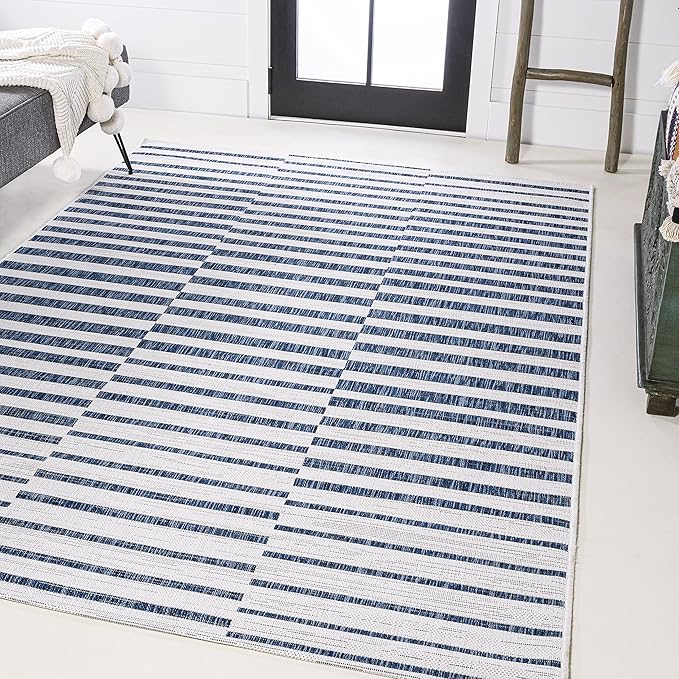 JONATHAN Y Offset Stripe Indoor Outdoor Area Rug 4X6 Ivory/Blue, Sukie Modern for Backyard, Patio, Porch, Easy-Cleaning, High Traffic, Pet-Friendly, Non-Shedding (SMB133C-4)