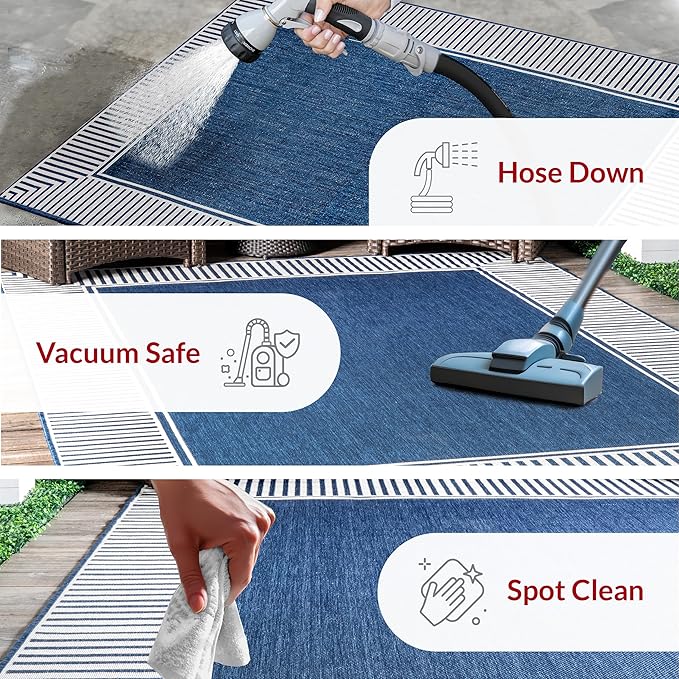 Nuloom Asha Navy/Ivory, 6'7" Square, Casual, Striped Border, Soft and Cozy, High Traffic, Stain Resistant, Easy Clean, Durable Area Rug for Indoor/Outdoor Patio, Deck, Porch, Garden, Courtyard