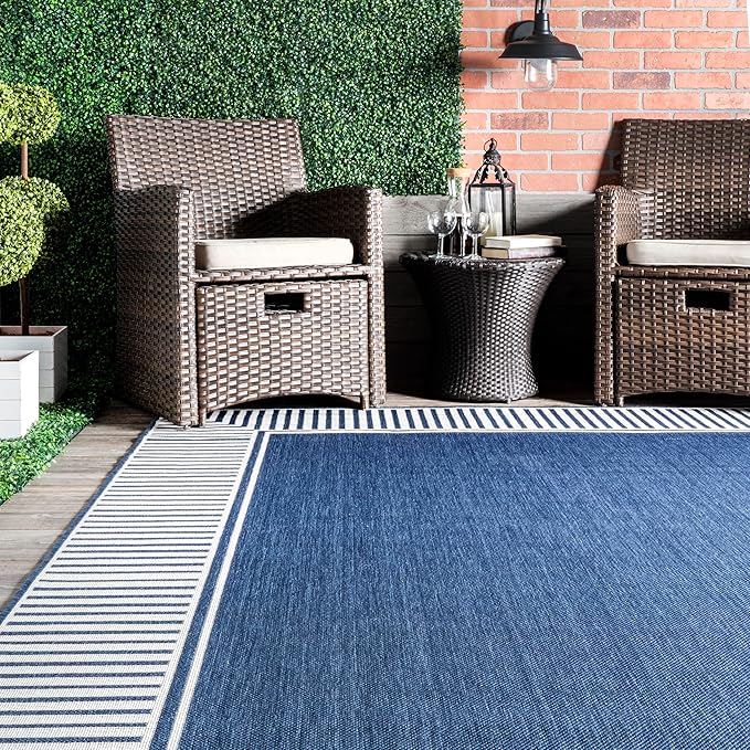 Nuloom Asha Navy/Ivory, 8' Round, Casual, Striped Border, Soft and Cozy, High Traffic, Stain Resistant, Easy Clean, Durable Area Rug for Indoor/Outdoor Patio, Deck, Porch, Garden, Courtyard
