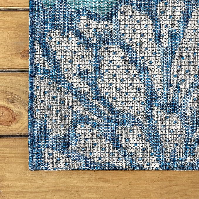 JONATHAN Y Floral Textured Weave Indoor Outdoor Round Area Rug 5 Ft Navy/Aqua, Zinnia Modern for Backyard, Patio, Porch, Easy-Cleaning, High Traffic, Pet-Friendly, Non-Shedding (SMB110C-5R)