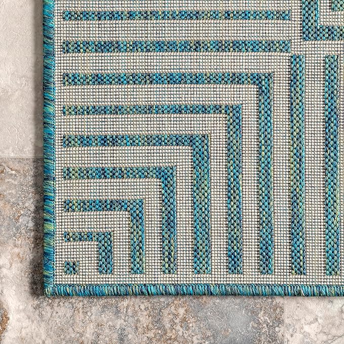 Nuloom Asha Teal/Ivory, 8' x 10', Casual, Striped Border, Soft and Cozy, High Traffic, Stain Resistant, Easy Clean, Durable Area Rug for Indoor/Outdoor Patio, Deck, Porch, Garden, Courtyard