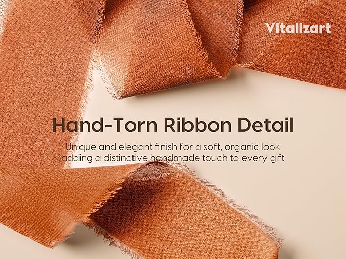 Vitalizart Fall Handmade Chiffon Silk Ribbon Fringe 1.5" x 21 Yd Terracotta Cream Frayed Edges Ribbons for Wedding Invitations Bridal Bouquets Gifts Wrapping Crafts Holiday Party Decorations
