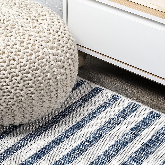 JONATHAN Y Offset Stripe Indoor Outdoor Area Rug 4X6 Ivory/Blue, Sukie Modern for Backyard, Patio, Porch, Easy-Cleaning, High Traffic, Pet-Friendly, Non-Shedding (SMB133C-4)