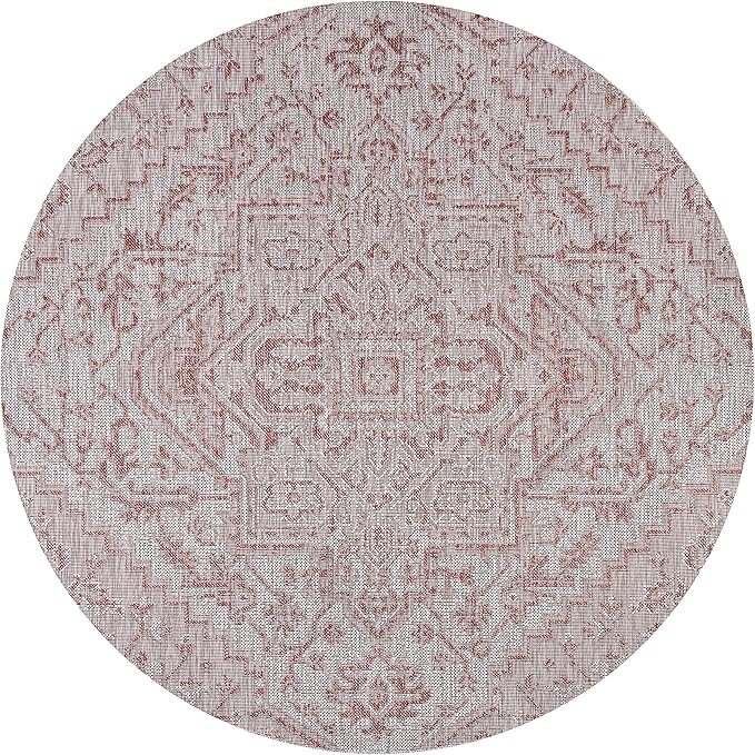 JONATHAN Y Boho Medallion Indoor Outdoor Round Area Rug 8 Ft Red/Taupe, Estrella Textured Weave for Backyard, Patio, Porch, Easy-Cleaning, High Traffic, Pet-Friendly, Non-Shedding (SMB105A-8R)