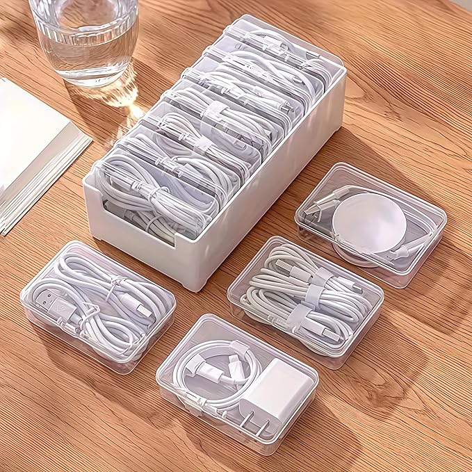 11 Box Cable Organizer Storage Box, Desktop Cable Management with Switch, Power Cord Organizer for Office,Home,Desk Accessories Storage Stationery Supplies and Accessories（Clear） (11 Box)