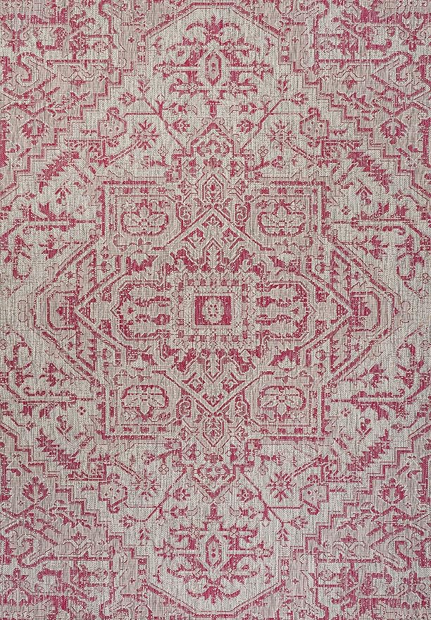 JONATHAN Y Boho Medallion Indoor Outdoor Area Rug 4X6 Light Gray/Fuchsia, Estrella Textured Weave for Backyard, Patio, Porch, Easy-Cleaning, High Traffic, Pet-Friendly, Non-Shedding (SMB105F-4)