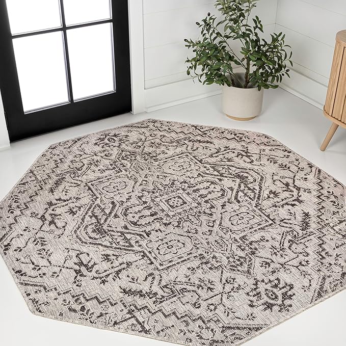 JONATHAN Y Boho Medallion Indoor Outdoor Octagon Area Rug 5 Ft Black/Gray, Estrella Textured Weave for Backyard, Patio, Porch, Easy-Cleaning, High Traffic, Pet-Friendly, Non-Shedding (SMB105D-5TGN)