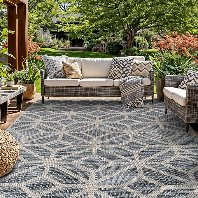 Rugshop Blue Contemporary Geometric Indoor/Outdoor Area Rug — Hose Washable for Living Room, Dining Room and Office, 9' x 12'