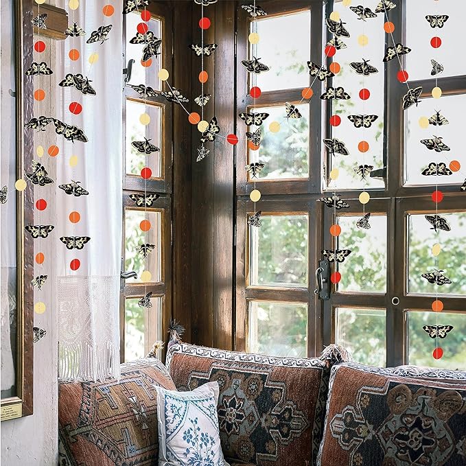 Cheerland Moth Garland Boho Hanging Mothman Birthday Decorations Circle Dot Banner Black White Butterfly Orange Bohemian Insect Party Decor Halloween Witch Moth Decor Cryptid Party Supplies 58ft