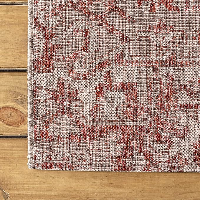 JONATHAN Y Boho Medallion Indoor Outdoor Round Area Rug 8 Ft Red/Taupe, Estrella Textured Weave for Backyard, Patio, Porch, Easy-Cleaning, High Traffic, Pet-Friendly, Non-Shedding (SMB105A-8R)