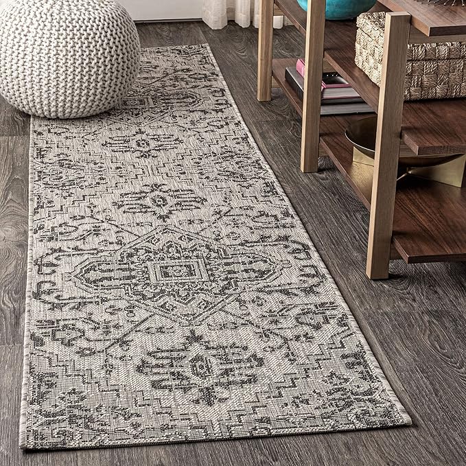 JONATHAN Y Boho Medallion Indoor Outdoor Runner Rug 2X10 Black/Gray, Estrella Textured Weave for Backyard, Patio, Porch, Easy-Cleaning, High Traffic, Pet-Friendly, Non-Shedding (SMB105D-210)