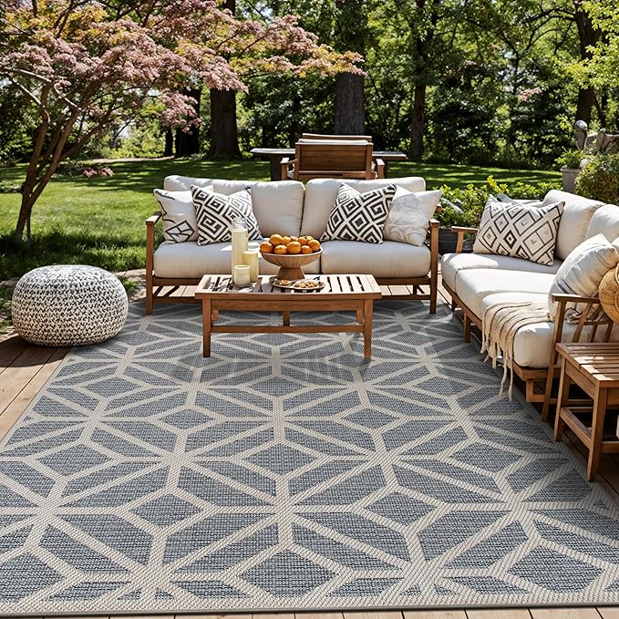 Rugshop Blue Contemporary Geometric Indoor/Outdoor Area Rug — Hose Washable for Living Room, Dining Room and Office, 7'10" x 10'