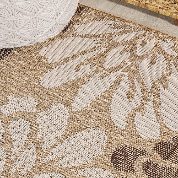 JONATHAN Y Floral Textured Weave Indoor Outdoor Square Area Rug 5X5 Brown/Cream, Zinnia Modern for Backyard, Patio, Porch, Easy-Cleaning, High Traffic, Pet-Friendly, Non-Shedding (SMB110I-5SQ)