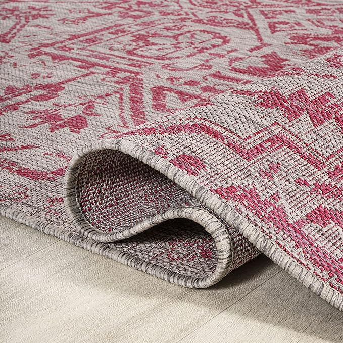 JONATHAN Y Boho Medallion Indoor Outdoor Area Rug 4X6 Light Gray/Fuchsia, Estrella Textured Weave for Backyard, Patio, Porch, Easy-Cleaning, High Traffic, Pet-Friendly, Non-Shedding (SMB105F-4)