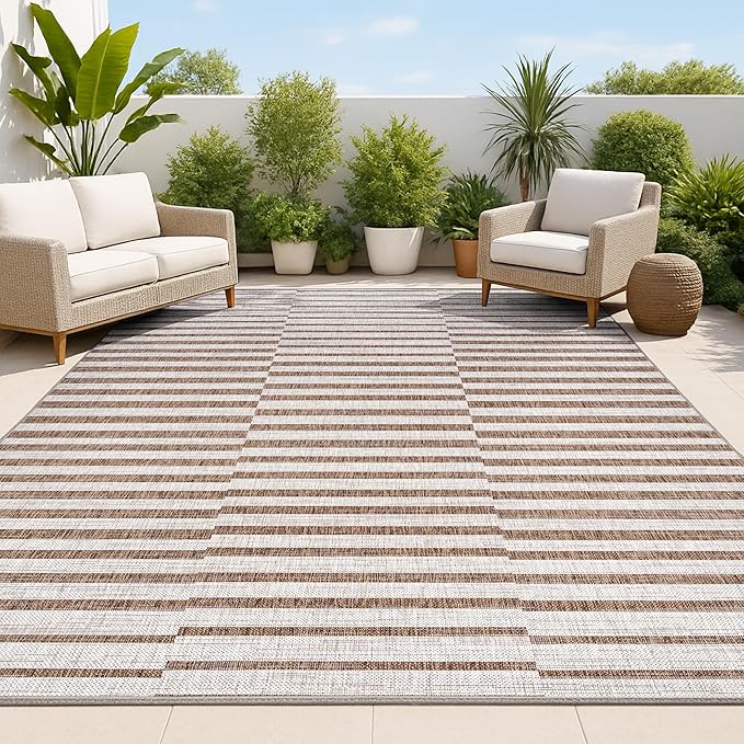 JONATHAN Y Offset Stripe Indoor Outdoor Area Rug 3X5 Beige/Brown, Sukie Modern for Backyard, Patio, Porch, Easy-Cleaning, High Traffic, Pet-Friendly, Non-Shedding (SMB133A-3)