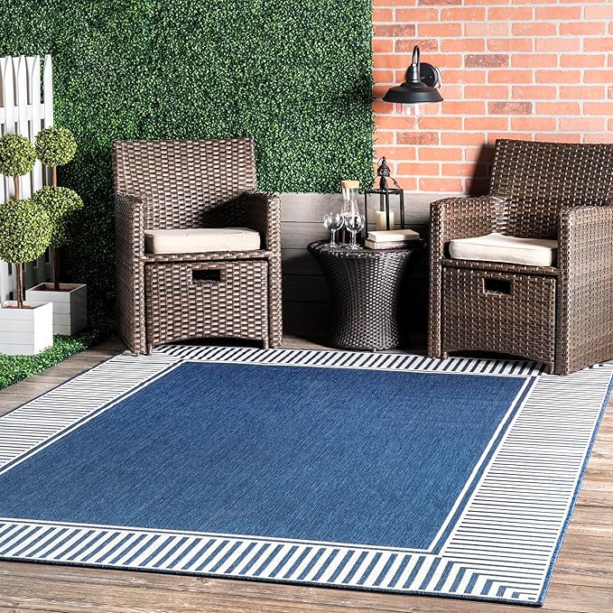 Nuloom Asha Navy/Ivory, 4' x 6', Casual, Striped Border, Soft and Cozy, High Traffic, Stain Resistant, Easy Clean, Durable Area Rug for Indoor/Outdoor Patio, Deck, Porch, Garden, Courtyard
