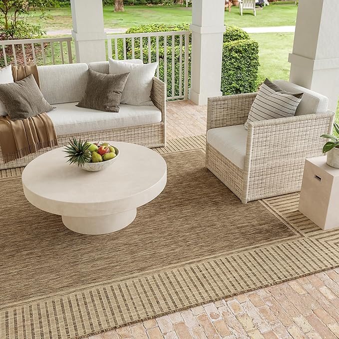 Nuloom Asha Light Brown/Ivory, 6'7" Round, Casual, Striped Border, Soft and Cozy, High Traffic, Stain Resistant, Easy Clean, Durable Area Rug for Indoor/Outdoor Patio, Deck, Porch, Garden, Courtyard