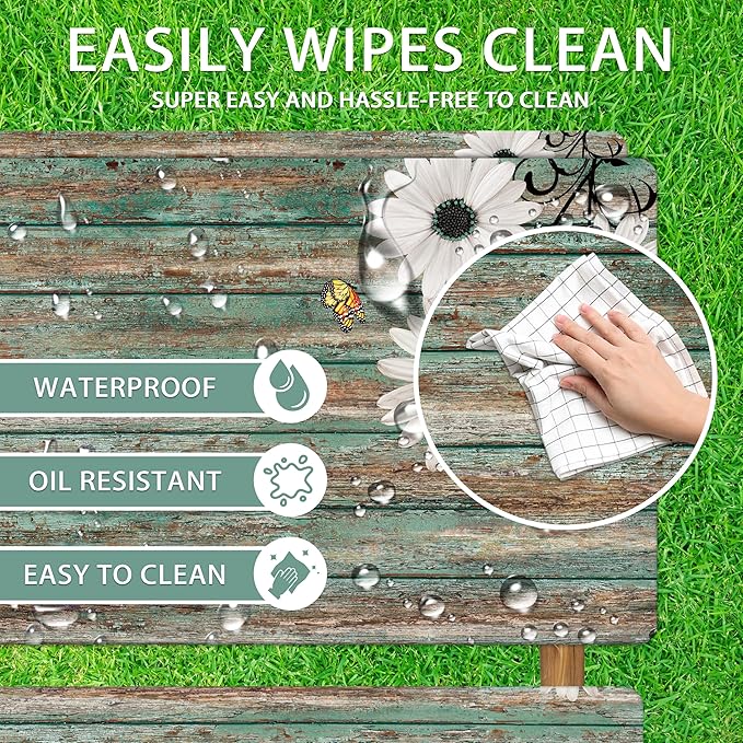 Daisy Flowers Picnic Table Cover with Bench Covers Camping Essentials Wooden Grain Outdoor Table Covers with Elastic Waterproof Fitted Tablecloth for RV Picnic Travel