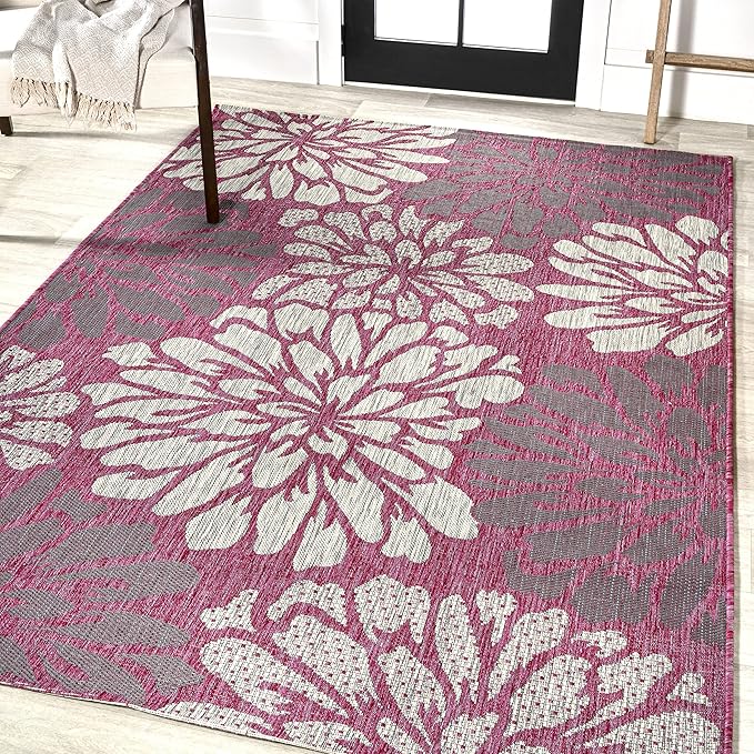 JONATHAN Y Floral Textured Weave Indoor Outdoor Area Rug 4X6 Fuchsia/Light Gray, Zinnia Modern for Backyard, Patio, Porch, Easy-Cleaning, High Traffic, Pet-Friendly, Non-Shedding (SMB110F-4)