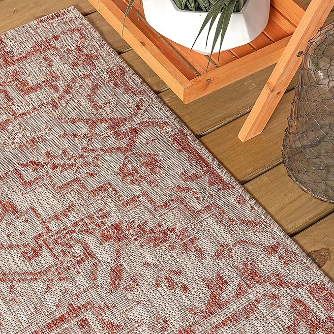 JONATHAN Y Boho Medallion Indoor Outdoor Round Area Rug 9 Ft Red/Taupe, Estrella Textured Weave for Backyard, Patio, Porch, Easy-Cleaning, High Traffic, Pet-Friendly, Non-Shedding (SMB105A-9R)