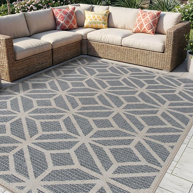 Rugshop Blue Contemporary Geometric Indoor/Outdoor Area Rug — Hose Washable for Living Room, Dining Room and Office, 6'6" x 9'