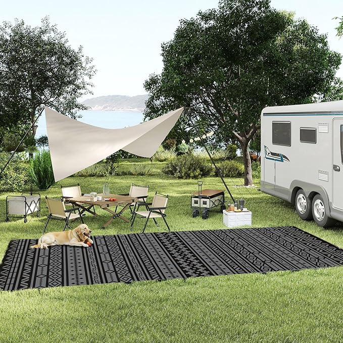 Outsunny Outdoor Rug for Patio, 9' x 18' Waterproof Large Mat, Reversible Plastic Straw Rug for Decor, Portable Outside RV Camping Area Carpet Mat for Backyard Porch Deck Picnic, Black Gray Geometric