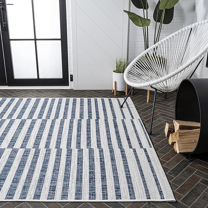 JONATHAN Y Offset Stripe Indoor Outdoor Area Rug 8X10 Ivory/Blue, Sukie Modern for Backyard, Patio, Porch, Easy-Cleaning, High Traffic, Pet-Friendly, Non-Shedding (SMB133C-8)