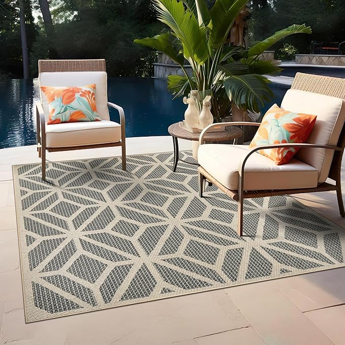 Rugshop Blue Contemporary Geometric Indoor/Outdoor Area Rug — Hose Washable for Dining Room, Kitchen and Office, 6'6" x 6'6" Square
