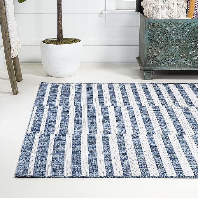 JONATHAN Y Offset Stripe Indoor Outdoor Area Rug 3X5 Blue/Ivory, Sukie Modern for Backyard, Patio, Porch, Easy-Cleaning, High Traffic, Pet-Friendly, Non-Shedding (SMB133D-3)