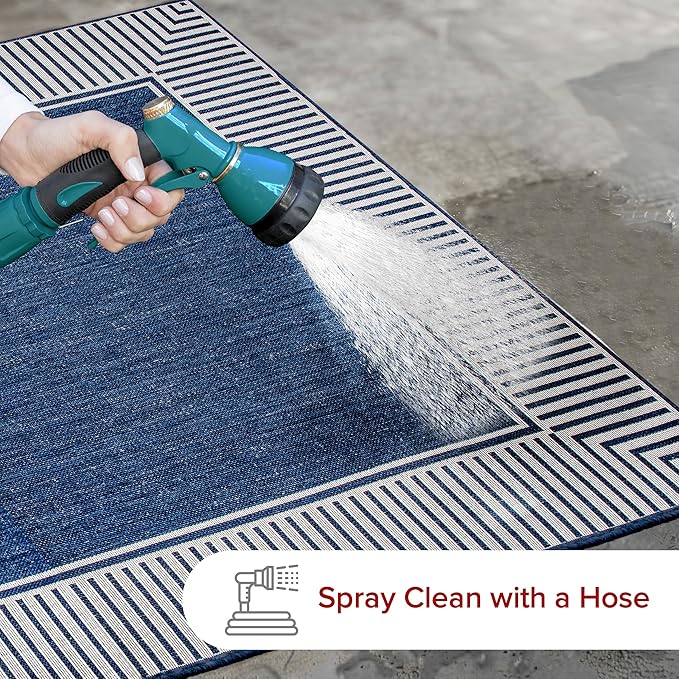 Nuloom Asha Navy/Ivory, 2' x 3', Casual, Striped Border, Soft and Cozy, High Traffic, Stain Resistant, Easy Clean, Durable Area Rug for Indoor/Outdoor Patio, Deck, Porch, Garden, Courtyard