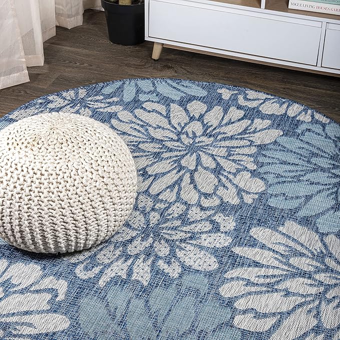 JONATHAN Y Floral Textured Weave Indoor Outdoor Round Area Rug 5 Ft Navy/Aqua, Zinnia Modern for Backyard, Patio, Porch, Easy-Cleaning, High Traffic, Pet-Friendly, Non-Shedding (SMB110C-5R)