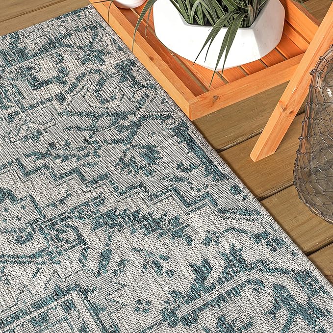 JONATHAN Y Boho Medallion Indoor Outdoor Runner Rug 2X8 Teal/Gray, Estrella Textured Weave for Backyard, Patio, Porch, Easy-Cleaning, High Traffic, Pet-Friendly, Non-Shedding (SMB105C-28)
