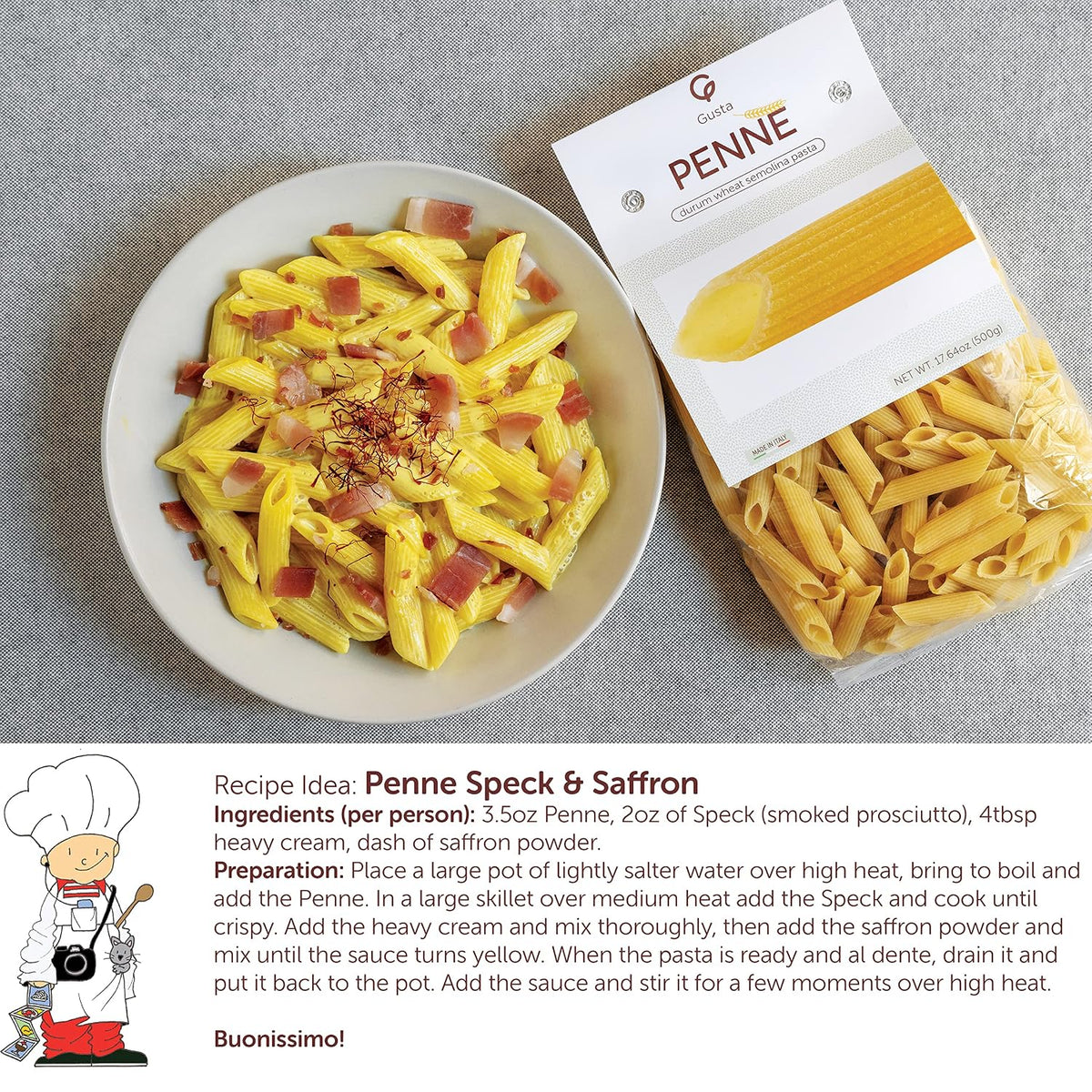 Gusta Penne Rigate Pasta - Premium Italian Pasta from Italy - Durum Wheat Semolina Organic "Al Dente" Pasta - Non-GMO &amp; Gourmet Pasta - Family Owned Brand - 17.64oz / 500g (2 Pack)