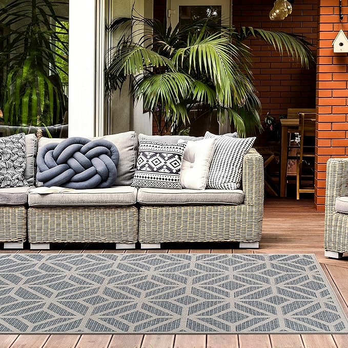 Rugshop Blue Contemporary Geometric Indoor/Outdoor Area Rug — Hose Washable for Living Room, Dining Room and Office, 10' x 14'