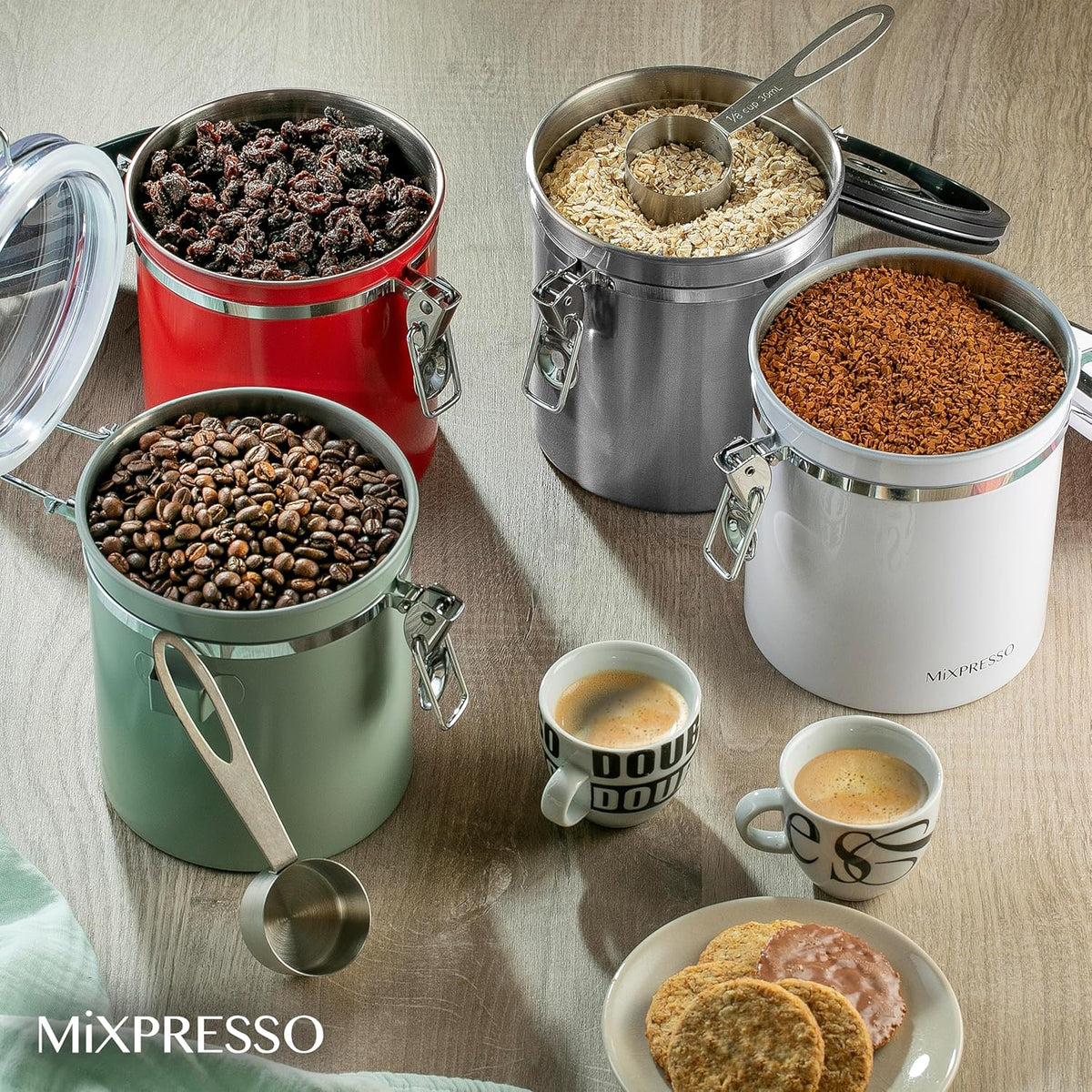 Mixpresso 16 Oz Coffee Canister with Scoop, Stainless Steel Airtight Coffee Container, Air tight Jar Tea Storage with Date Tracker