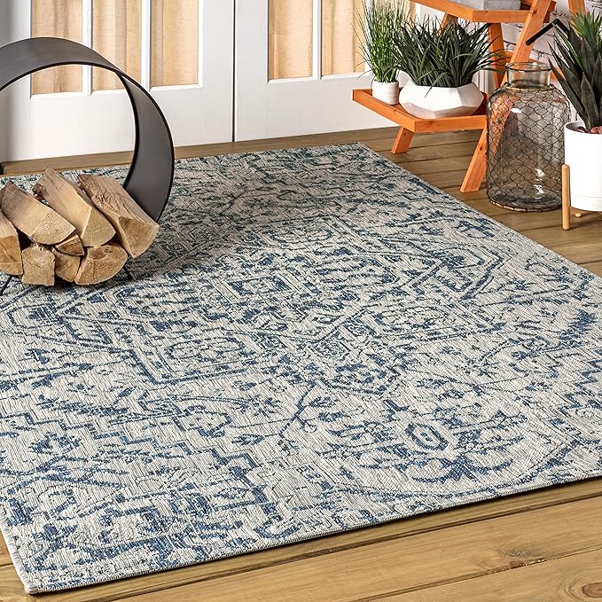 JONATHAN Y Boho Medallion Indoor Outdoor Area Rug 4X6 Navy/Gray, Estrella Textured Weave for Backyard, Patio, Porch, Easy-Cleaning, High Traffic, Pet-Friendly, Non-Shedding (SMB105B-4)