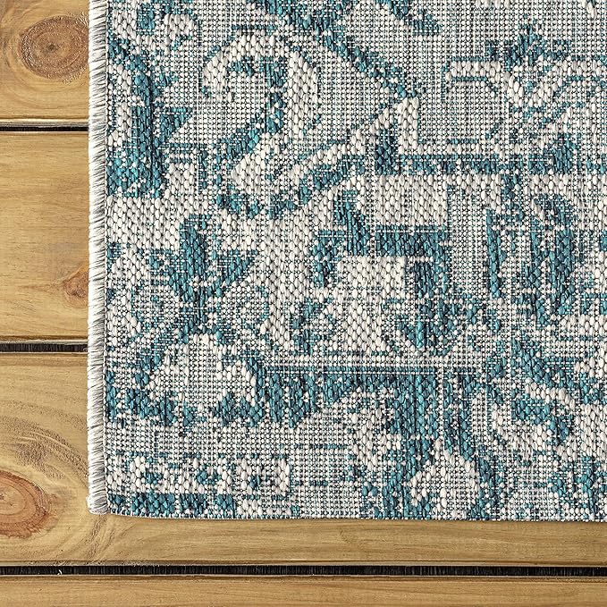 JONATHAN Y Boho Medallion Indoor Outdoor Round Area Rug 5 Ft Teal/Gray, Estrella Textured Weave for Backyard, Patio, Porch, Easy-Cleaning, High Traffic, Pet-Friendly, Non-Shedding (SMB105C-5R)