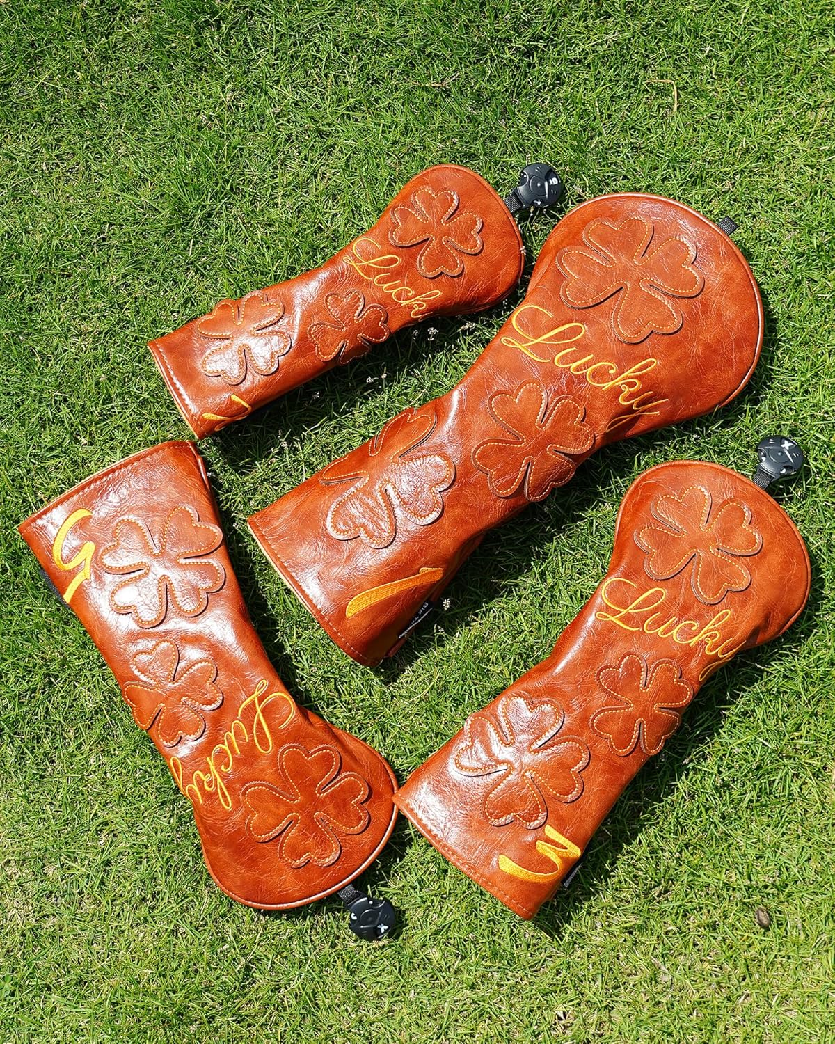 Golf Headcovers Golf Club Head Covers Four Leaf Clover Good Luck Charm - Clover Style Premium Leather Driver Fairway(FW) Wood Hybrid(UT) with Number Tags