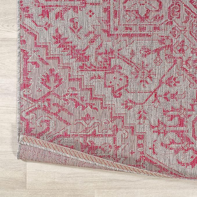 JONATHAN Y Boho Medallion Indoor Outdoor Square Area Rug 5X5 Light Gray/Fuchsia, Estrella Textured Weave for Backyard, Patio, Porch, Easy-Cleaning, High Traffic, Pet-Friendly Non-Shedding SMB105F-5SQ