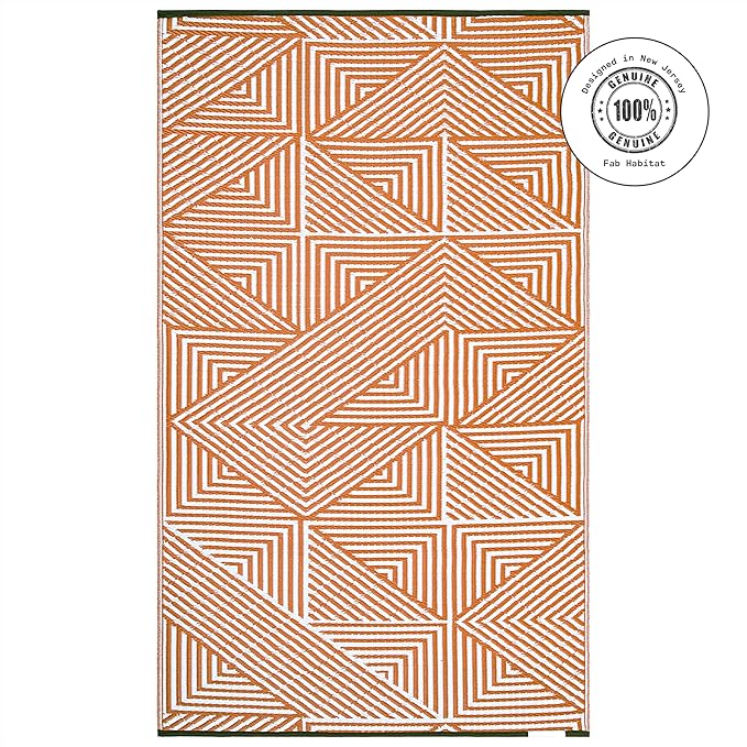 Fab Habitat Outdoor Rug - Waterproof, Fade Resistant, Crease-Free - Premium Recycled Plastic - Modern Geometric - Patio, Deck, Porch, Balcony, Laundry Room - Tokyo - Burnt Orange - 4 x 6 ft