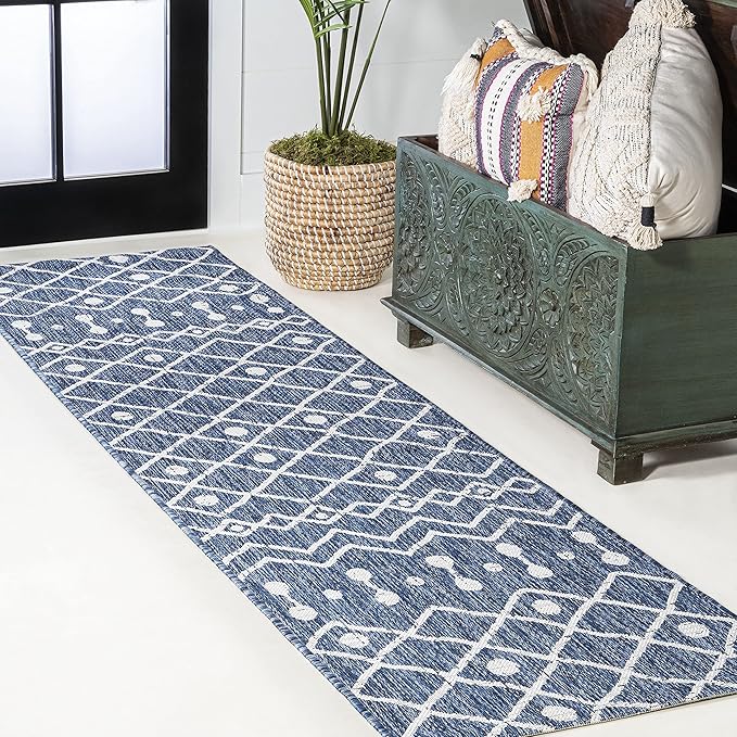 JONATHAN Y Tribal Bohemian Indoor Outdoor Runner Rug 2X10 Blue/Ivory, Nokat for Backyard, Patio, Porch, Easy-Cleaning, High Traffic, Pet-Friendly, Non-Shedding (SMB131C-210)