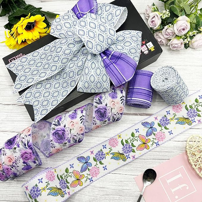 Spring Floral Wired Edge Ribbon, 2.5 Inch Wide Purple Rose Butterfly Burlap Ribbon, 4 Rolls for Mother's Day Summer Wreath Bow Making DIY Crafts Birthday Wedding Wrapping Party Decor Supplies (Purple)