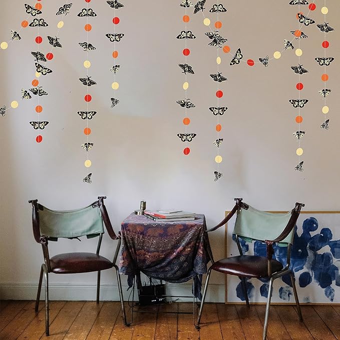 Cheerland Moth Garland Boho Hanging Mothman Birthday Decorations Circle Dot Banner Black White Butterfly Orange Bohemian Insect Party Decor Halloween Witch Moth Decor Cryptid Party Supplies 58ft
