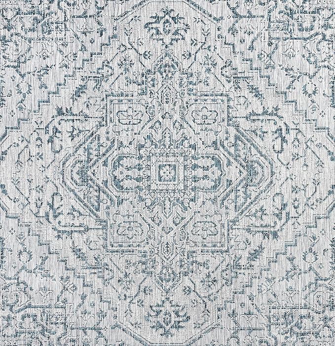 JONATHAN Y Boho Medallion Indoor Outdoor Square Area Rug 6X6 Teal/Gray, Estrella Textured Weave for Backyard, Patio, Porch, Easy-Cleaning, High Traffic, Pet-Friendly, Non-Shedding (SMB105C-6SQ)