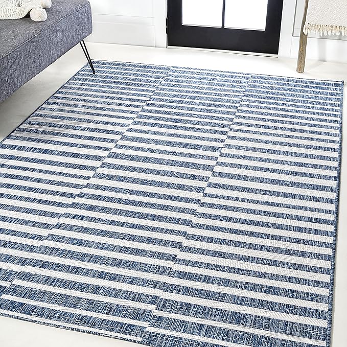 JONATHAN Y Offset Stripe Indoor Outdoor Area Rug 3X5 Blue/Ivory, Sukie Modern for Backyard, Patio, Porch, Easy-Cleaning, High Traffic, Pet-Friendly, Non-Shedding (SMB133D-3)