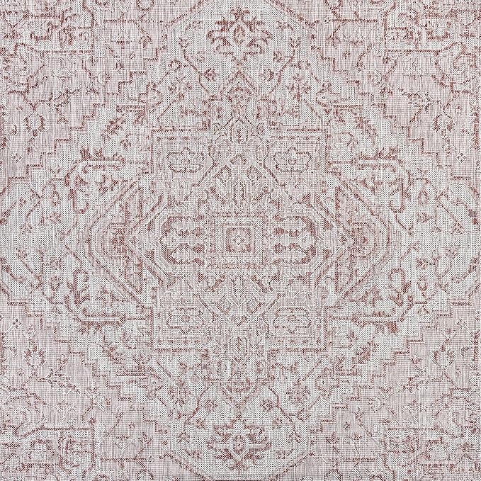 JONATHAN Y Boho Medallion Indoor Outdoor Square Area Rug 8X8 Red/Taupe, Estrella Textured Weave for Backyard, Patio, Porch, Easy-Cleaning, High Traffic, Pet-Friendly, Non-Shedding (SMB105A-8SQ)
